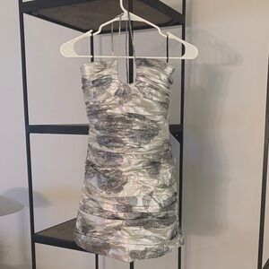 Silver and Black Floral Strapless Dress